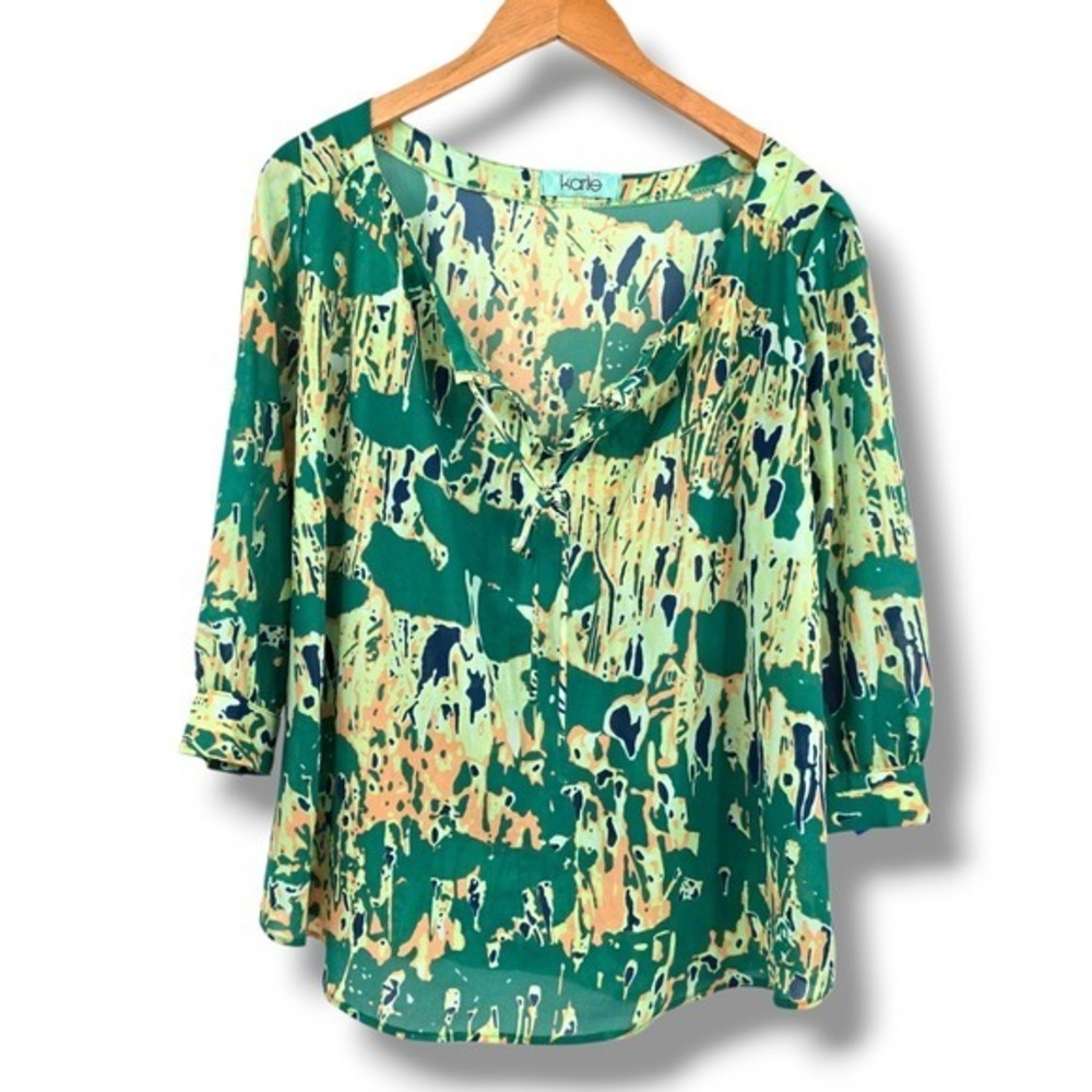 Karlie Green Print Blouse‎ Tie Neck 3/4 Sleeve Semi-Sheer Top Size Unknown